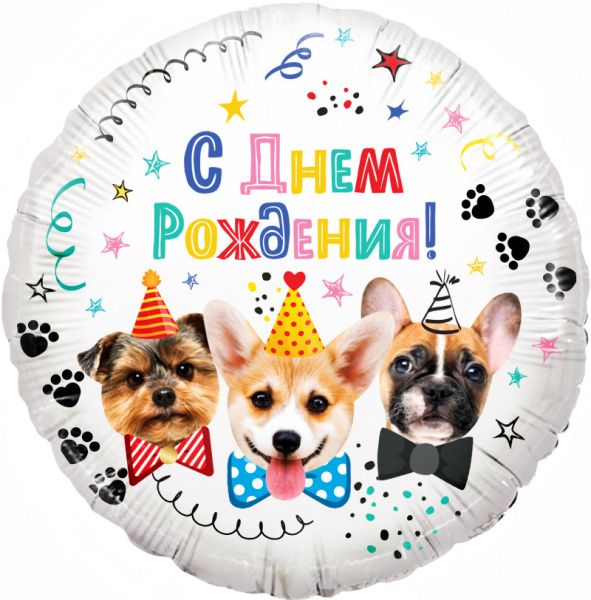 Шар (18"/46 см) Круг, Собачки, С Днем Рождения! 1 шт